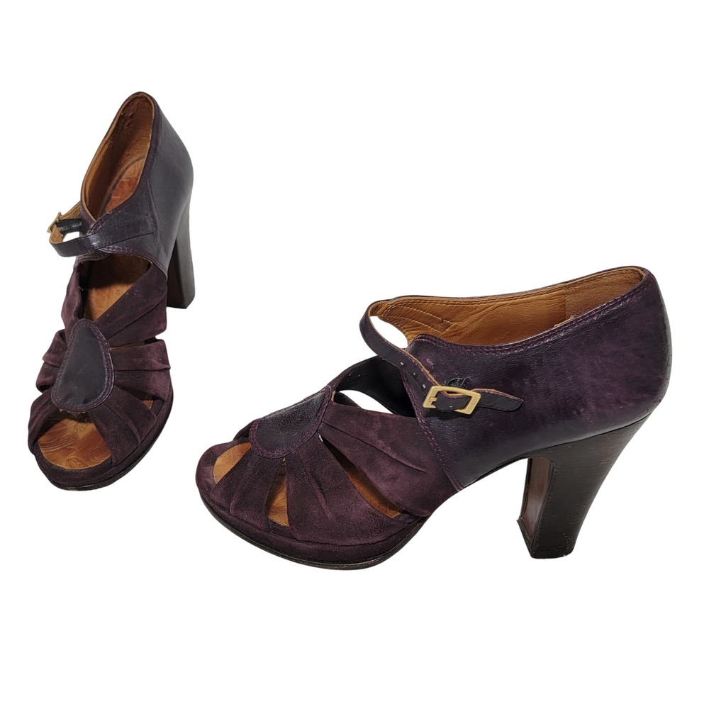 Chie Mihara Dezue Plum Leather Suede Cutout Platform Heels Sz 40 US‎ 10 Peep Toe